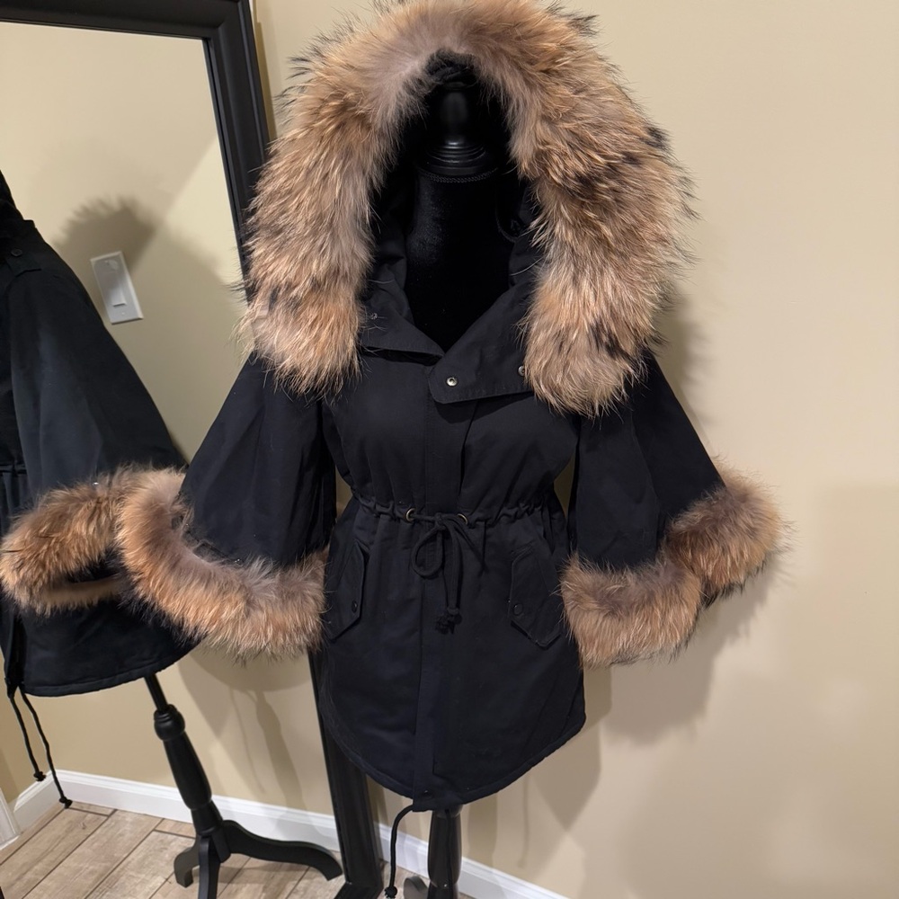 Raccoon Fur Flare Sleeve Parka Coat Jacket Winter Coat Trench Puffer Hooded Coat
